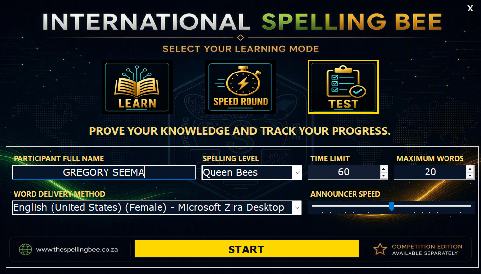 Learning Edition screen for selecting Learn, Speed Round or Test
